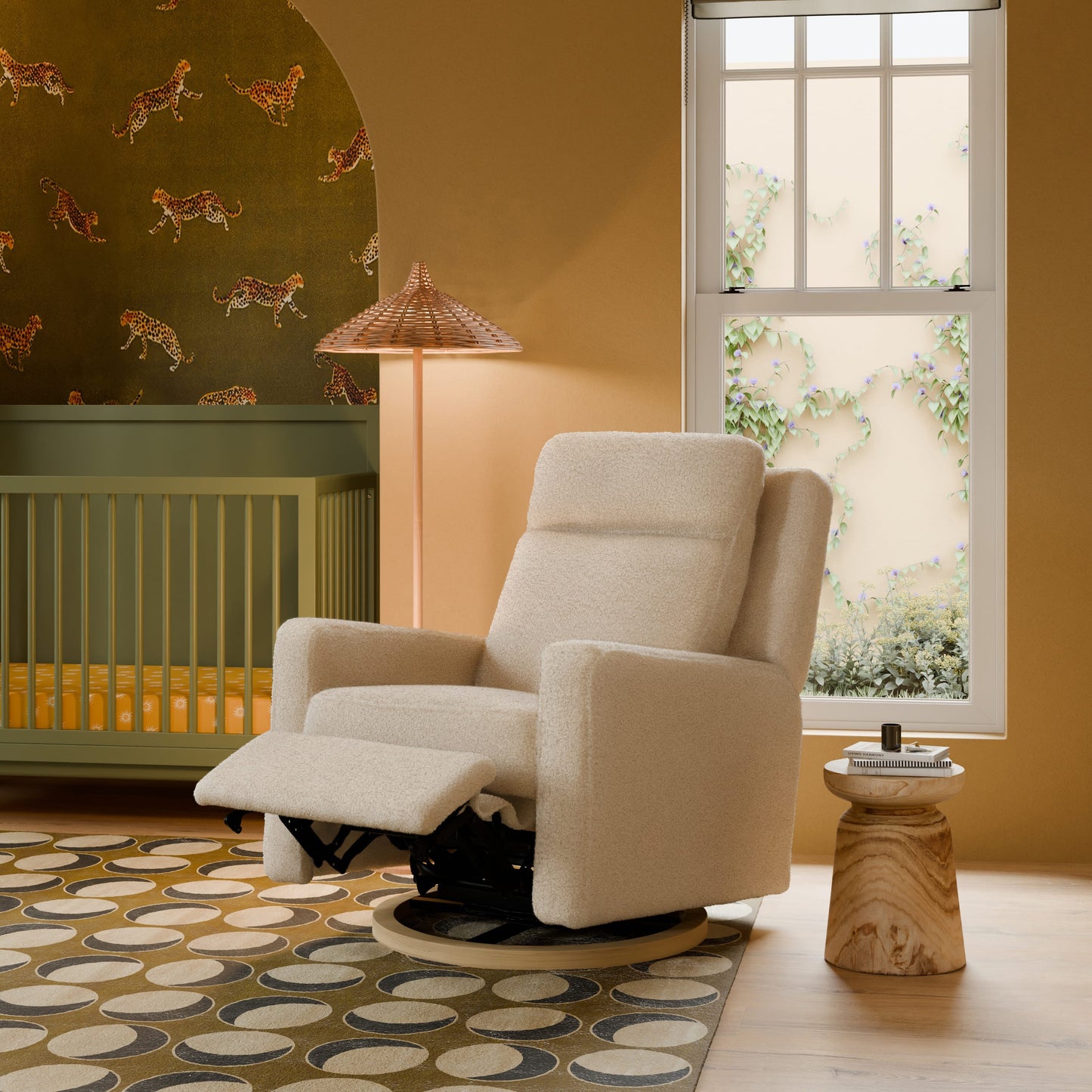 Babyletto Sigi Pro Power Recliner and Swivel Glider with Power Adjustable Headrest and Lumbar Support - Almond Teddy Loop with Light Wood Base