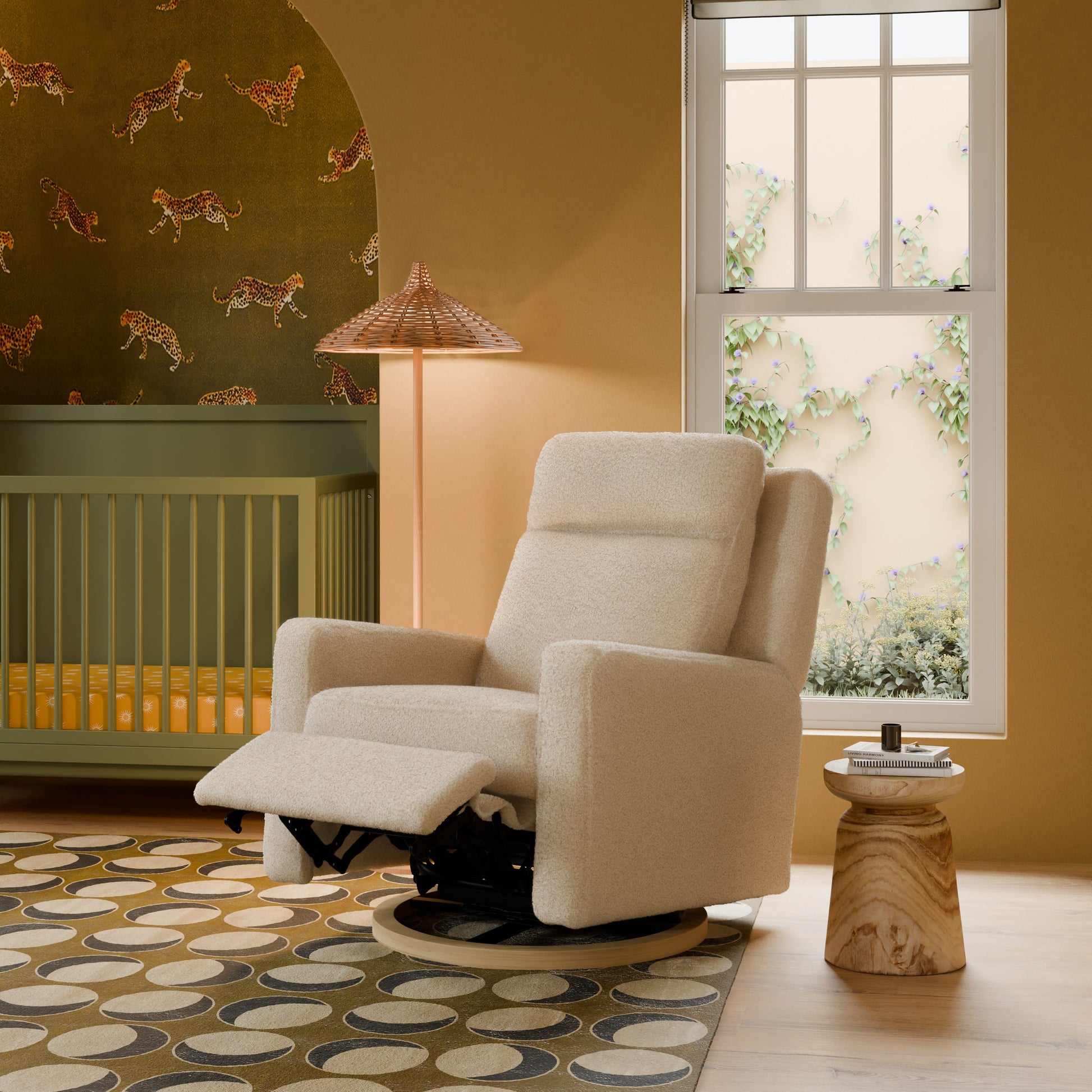 Babyletto Sigi Pro Power Recliner and Swivel Glider with Power Adjustable Headrest and Lumbar Support - Almond Teddy Loop with Light Wood Base