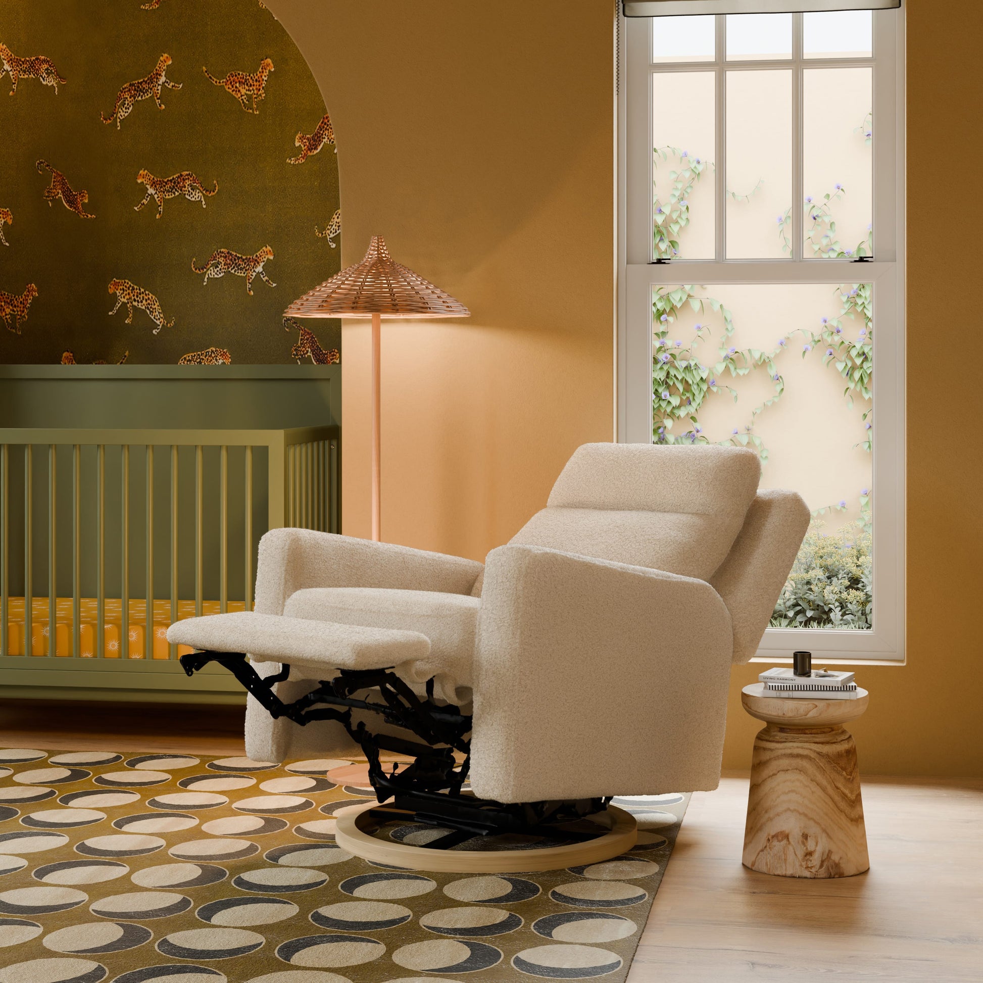 Babyletto Sigi Pro Power Recliner and Swivel Glider with Power Adjustable Headrest and Lumbar Support - Almond Teddy Loop with Light Wood Base