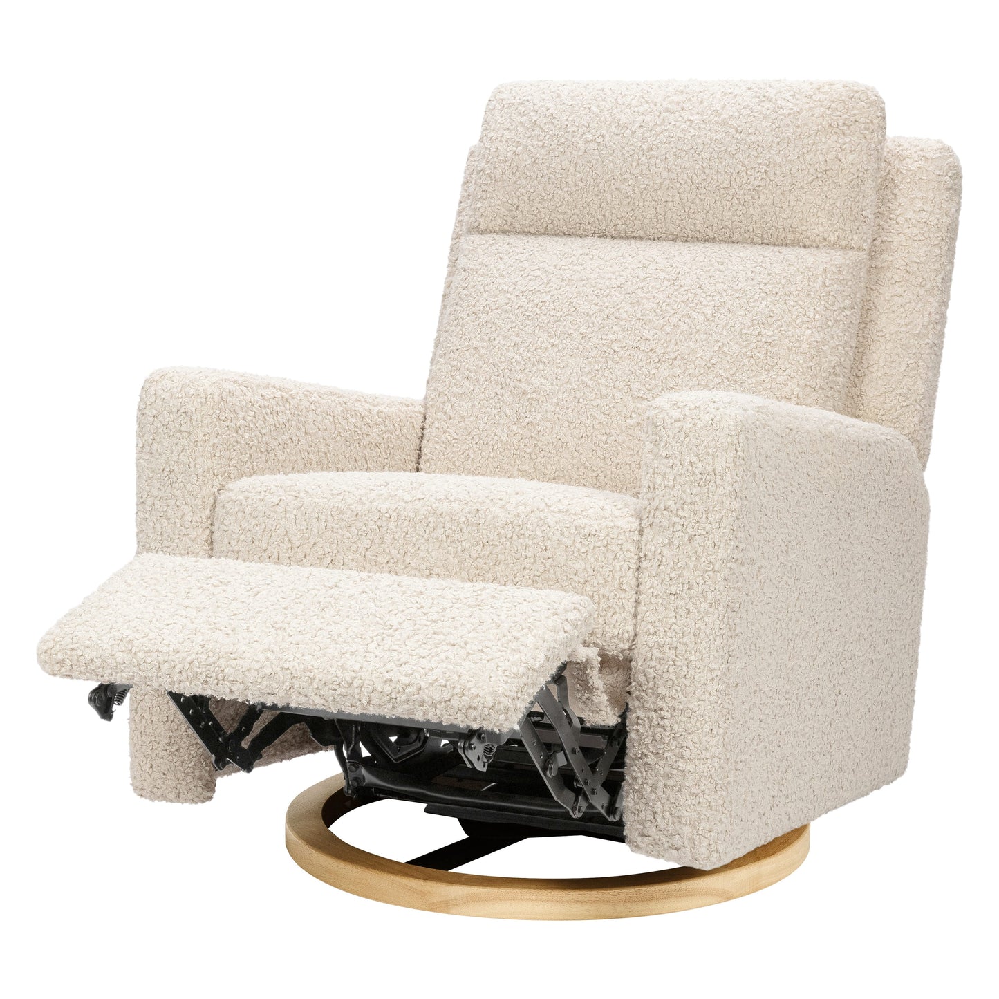 Babyletto Sigi Pro Power Recliner and Swivel Glider with Power Adjustable Headrest and Lumbar Support - Almond Teddy Loop with Light Wood Base