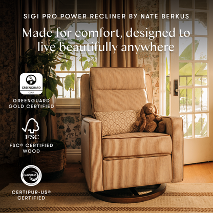 Babyletto Sigi Pro power recliner by Nate Berkus with Greenguard Gold, FSC, and CertiPUR-US certification logos