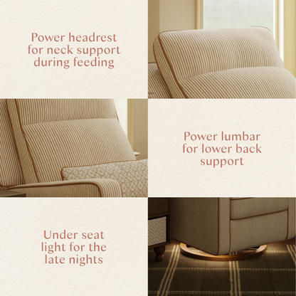 Babyletto recliner features showing power headrest power lumbar and under seat light