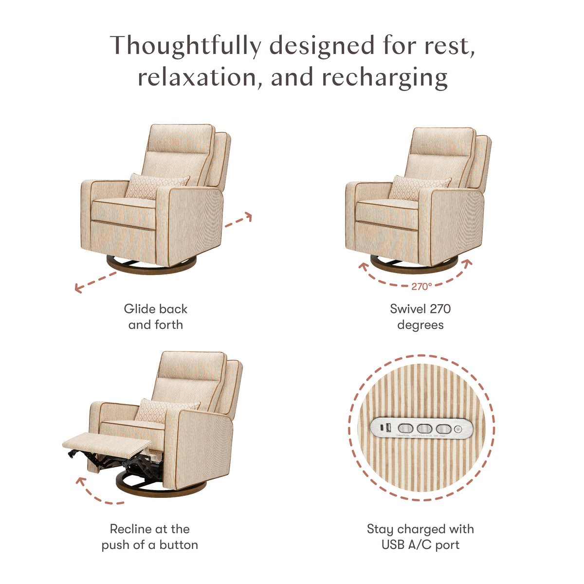 Babyletto recliner showing gliding, 270 degree swivel, power recline, and USB charging port features