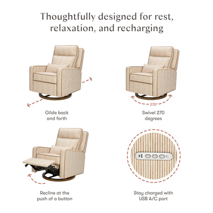 Babyletto recliner showing gliding, 270 degree swivel, power recline, and USB charging port features