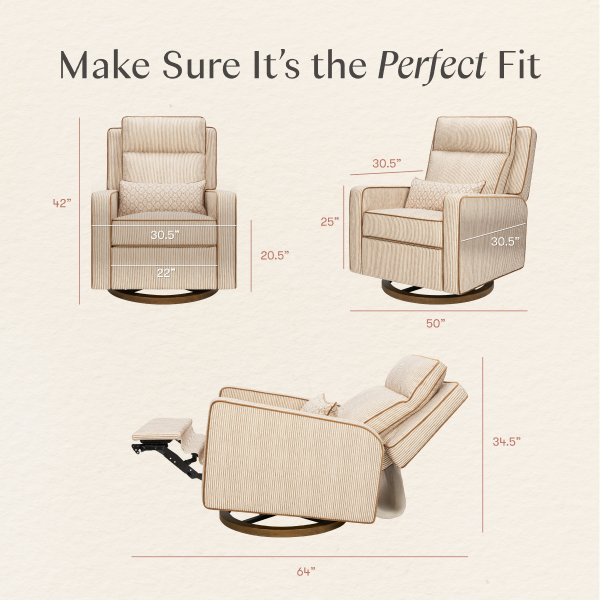 Babyletto swivel glider dimensions diagram showing front side and reclined views with measurements