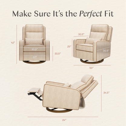 Babyletto swivel glider dimensions diagram showing front side and reclined views with measurements