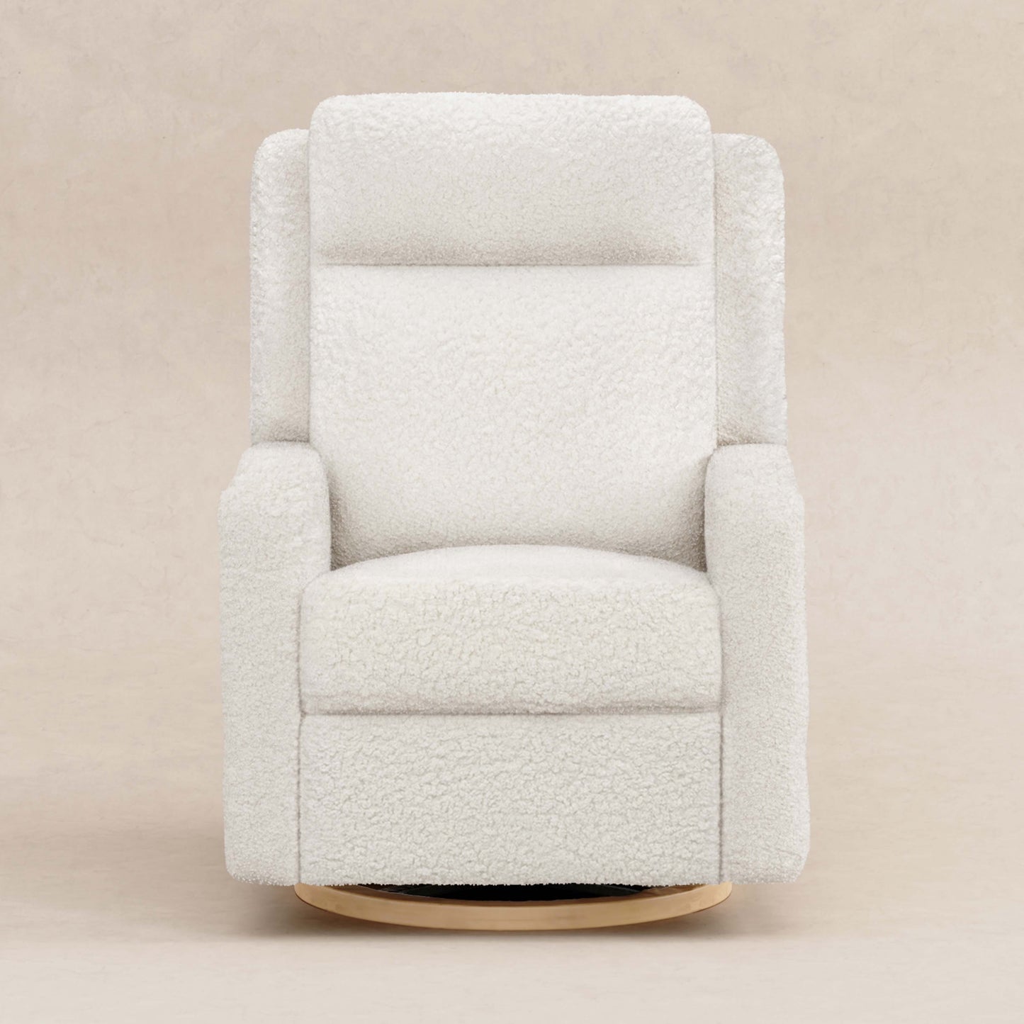 Babyletto Sigi Pro Power Recliner and Swivel Glider with Power Adjustable Headrest and Lumbar Support - Cream Shearling with Light Wood Base