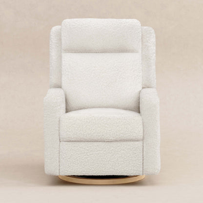 Babyletto Sigi Pro Power Recliner and Swivel Glider with Power Adjustable Headrest and Lumbar Support - Cream Shearling with Light Wood Base