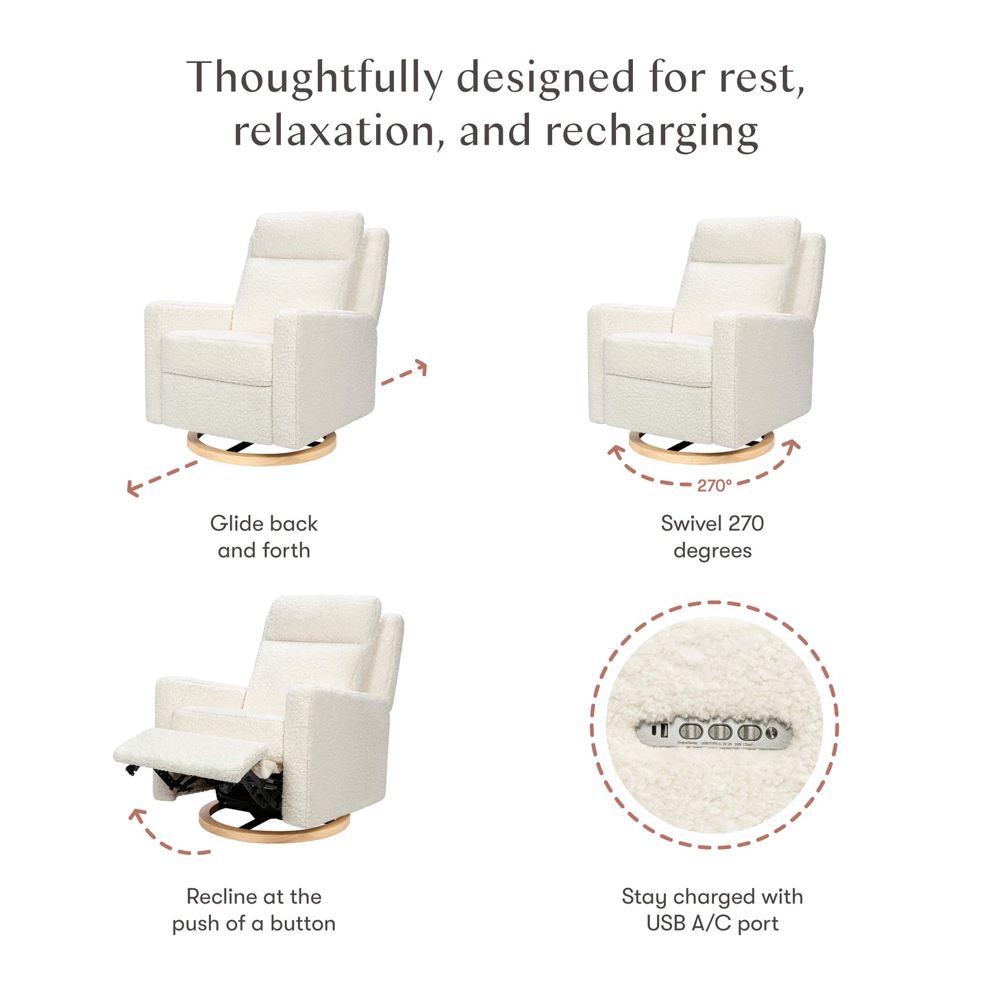Babyletto Sigi Pro Power Recliner and Swivel Glider with Power Adjustable Headrest and Lumbar Support - Cream Shearling with Light Wood Base