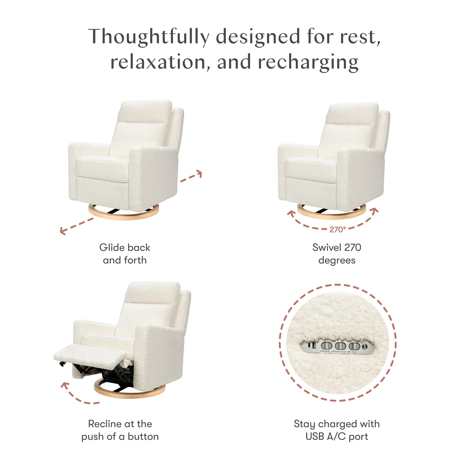 Babyletto Sigi Pro Power Recliner and Swivel Glider with Power Adjustable Headrest and Lumbar Support - Cream Shearling with Light Wood Base