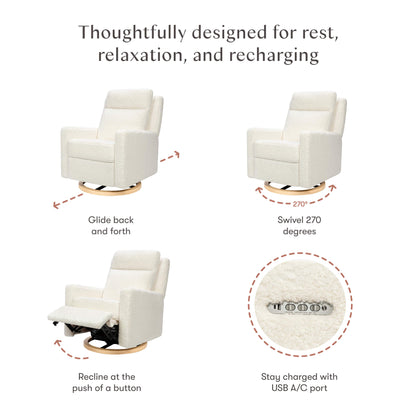 Babyletto Sigi Pro Power Recliner and Swivel Glider with Power Adjustable Headrest and Lumbar Support - Cream Shearling with Light Wood Base
