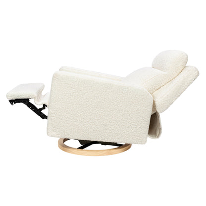 Babyletto Sigi Pro Power Recliner and Swivel Glider with Power Adjustable Headrest and Lumbar Support - Cream Shearling with Light Wood Base