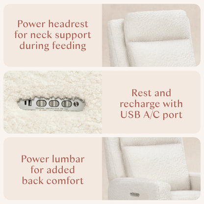 Babyletto Sigi Pro Power Recliner and Swivel Glider with Power Adjustable Headrest and Lumbar Support - Cream Shearling with Light Wood Base
