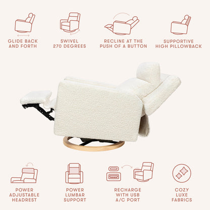 Babyletto Sigi Pro Power Recliner and Swivel Glider with Power Adjustable Headrest and Lumbar Support - Cream Shearling with Light Wood Base