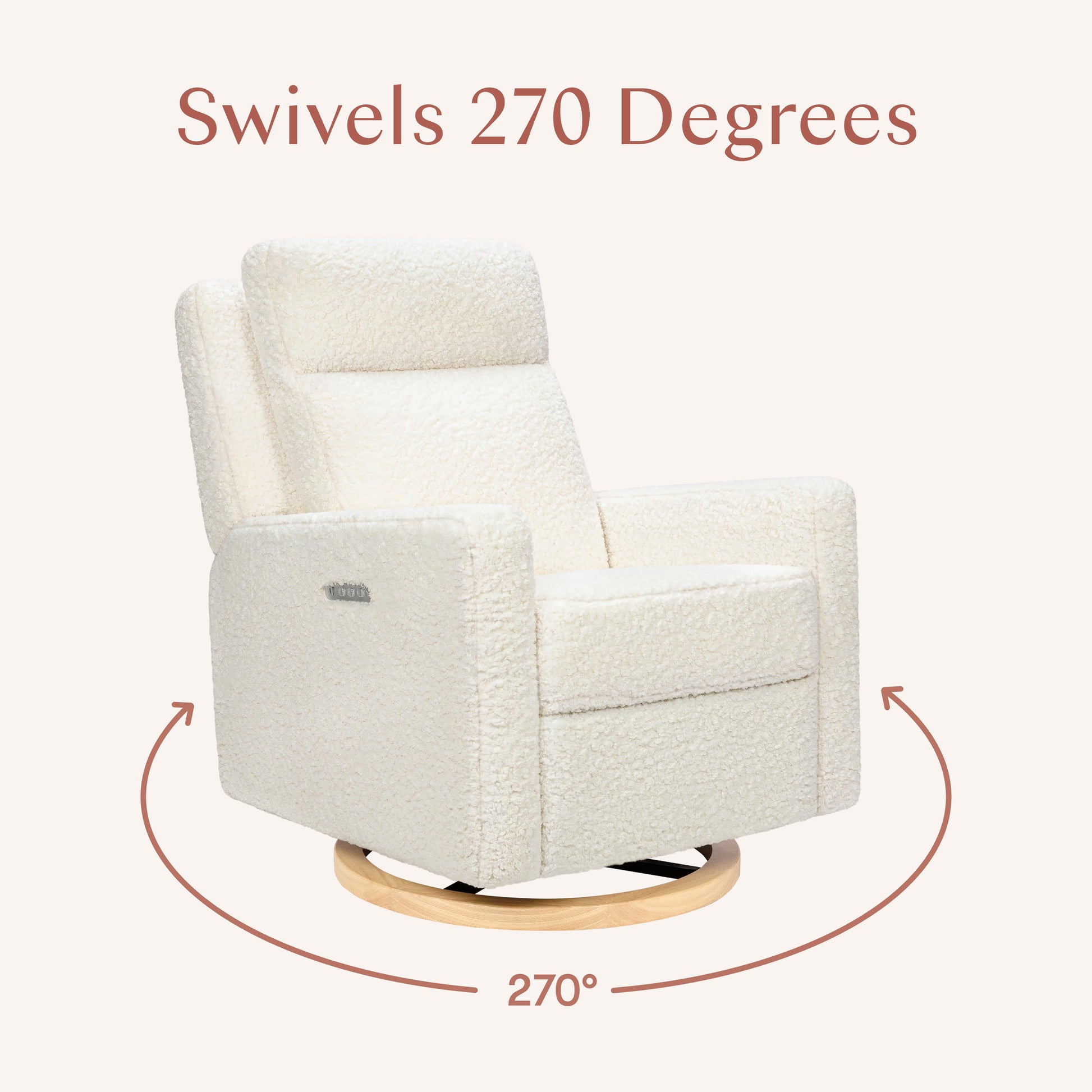 Babyletto Sigi Pro Power Recliner and Swivel Glider with Power Adjustable Headrest and Lumbar Support - Cream Shearling with Light Wood Base