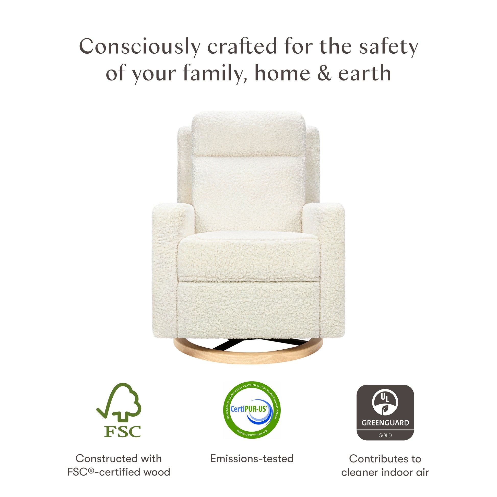 Babyletto Sigi Pro Power Recliner and Swivel Glider with Power Adjustable Headrest and Lumbar Support - Cream Shearling with Light Wood Base