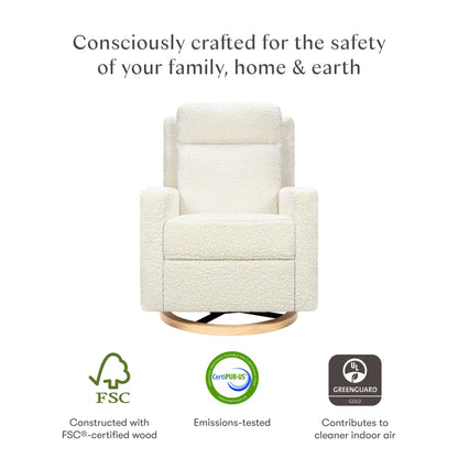 Babyletto Sigi Pro Power Recliner and Swivel Glider with Power Adjustable Headrest and Lumbar Support - Cream Shearling with Light Wood Base