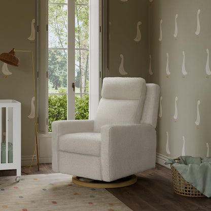 Babyletto Sigi Pro Power Recliner and Swivel Glider with Power Adjustable Headrest and Lumbar Support - Cream Shearling with Light Wood Base