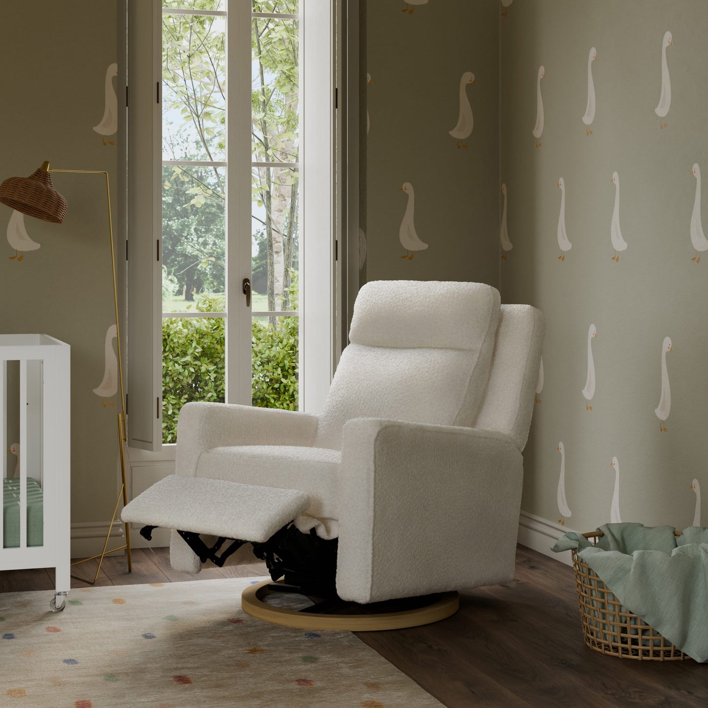 Babyletto Sigi Pro Power Recliner and Swivel Glider with Power Adjustable Headrest and Lumbar Support - Cream Shearling with Light Wood Base