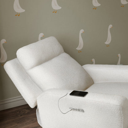 Babyletto Sigi Pro Power Recliner and Swivel Glider with Power Adjustable Headrest and Lumbar Support - Cream Shearling with Light Wood Base