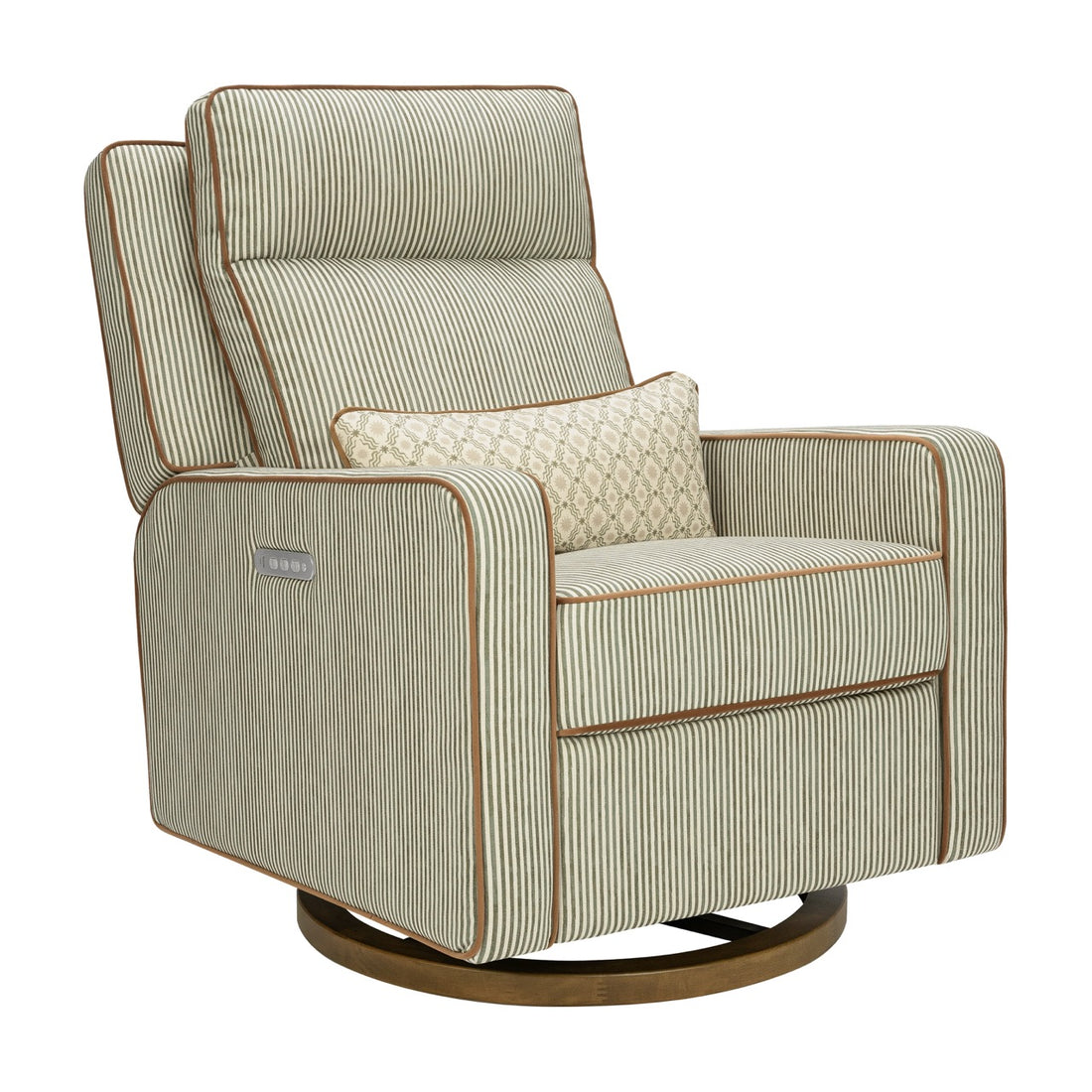 Babyletto striped swivel glider recliner with lumbar pillow