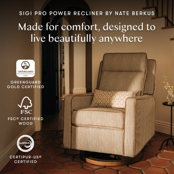 Babyletto Sigi Pro power recliner with Greenguard Gold FSC and CertiPUR-US certification logos