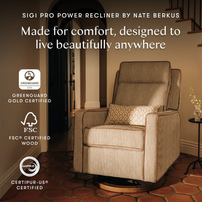 Babyletto Sigi Pro power recliner with Greenguard Gold FSC and CertiPUR-US certification logos