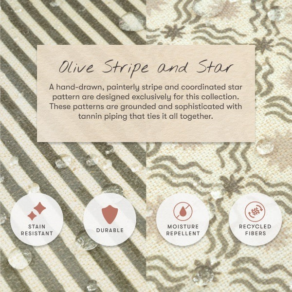 Babyletto fabric features olive stripe and star patterns with stain resistant and moisture repellent properties
