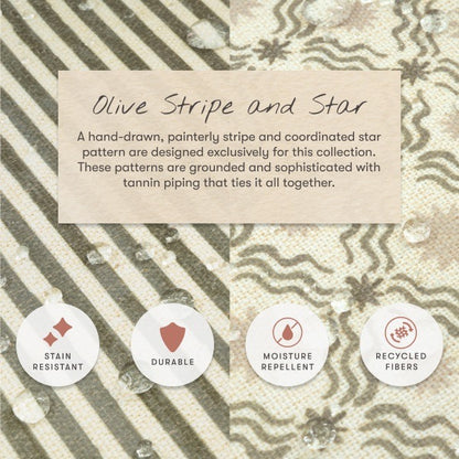 Babyletto fabric features olive stripe and star patterns with stain resistant and moisture repellent properties