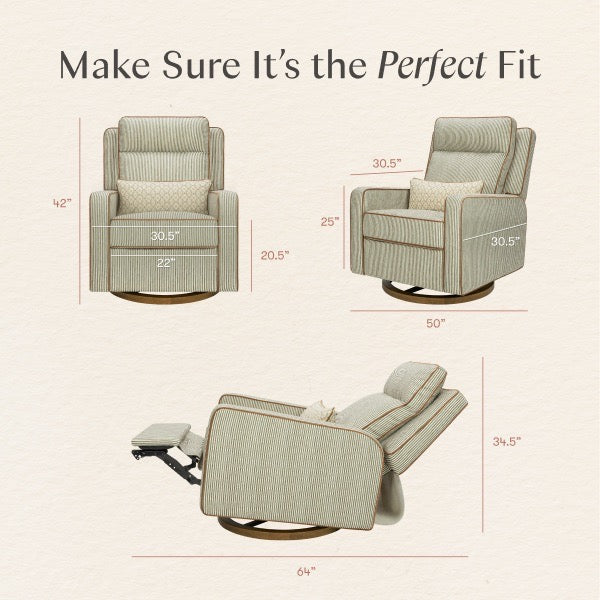 Babyletto recliner dimensions diagram showing front side and reclined views with measurements
