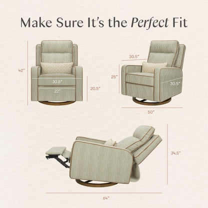 Babyletto recliner dimensions diagram showing front side and reclined views with measurements