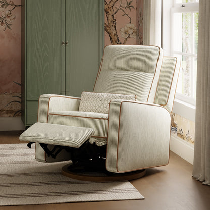 Babyletto striped swivel glider recliner with footrest extended