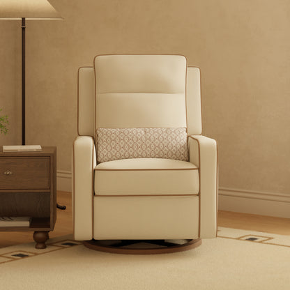 Babyletto cream swivel glider recliner with patterned lumbar pillow