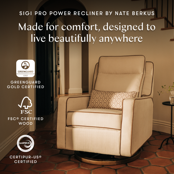 Babyletto Sigi Pro power recliner by Nate Berkus with Greenguard Gold FSC and CertiPUR-US certification logos