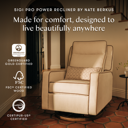 Babyletto Sigi Pro power recliner by Nate Berkus with Greenguard Gold FSC and CertiPUR-US certification logos