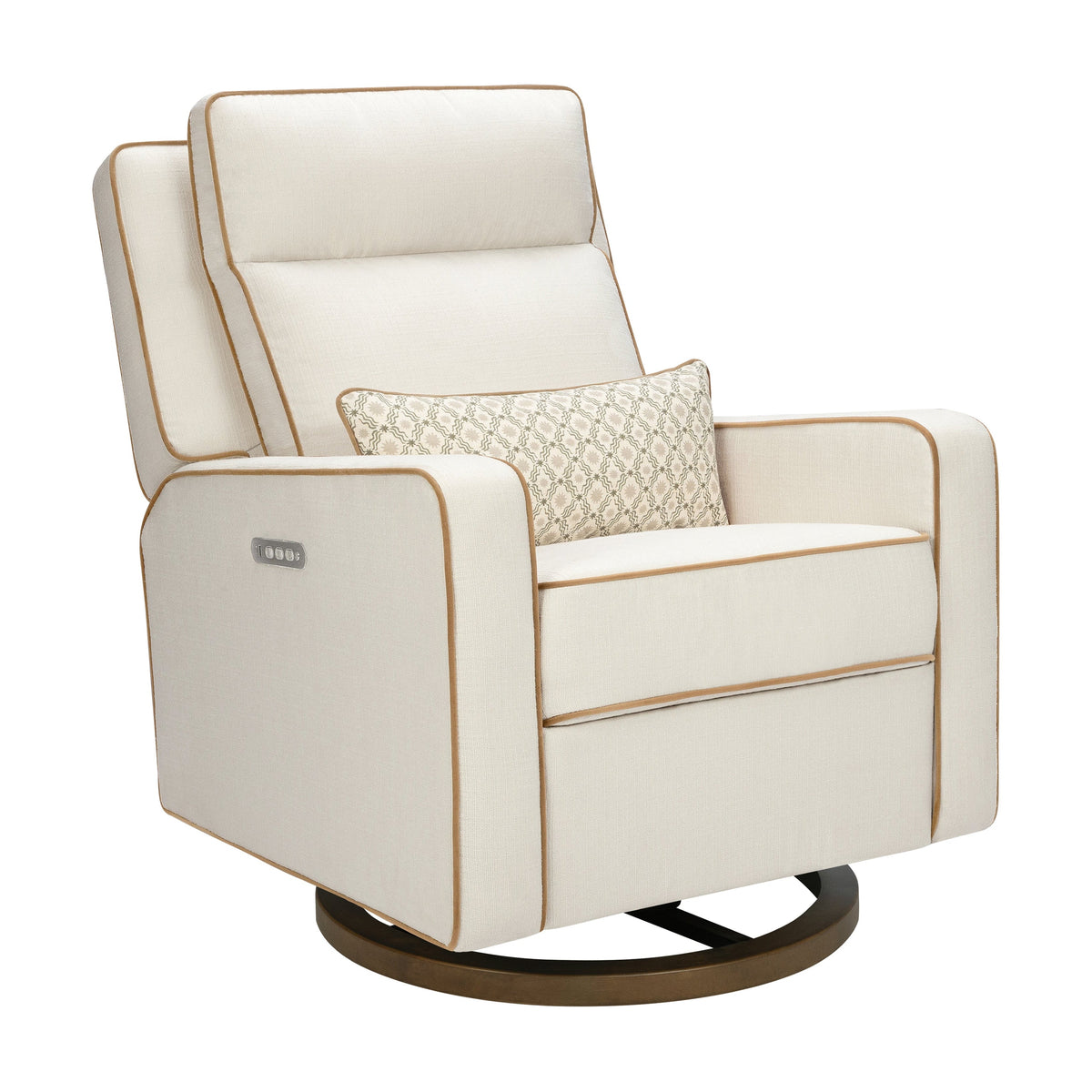 Babyletto cream swivel glider recliner with tan piping and patterned lumbar pillow
