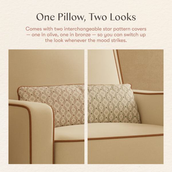 Babyletto pillow with interchangeable olive and bronze star pattern covers on a chair
