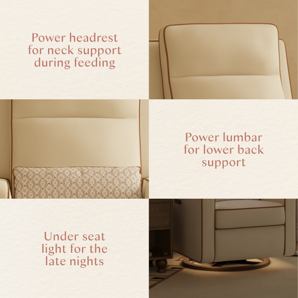Babyletto nursery glider features power headrest power lumbar support and under seat night light
