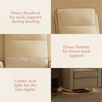 Babyletto nursery glider features power headrest power lumbar support and under seat night light