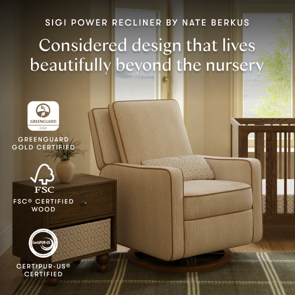 Babyletto Sigi power recliner with Greenguard Gold, FSC, and CertiPUR-US certification logos