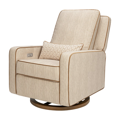 Babyletto striped swivel glider recliner with lumbar pillow and wooden base