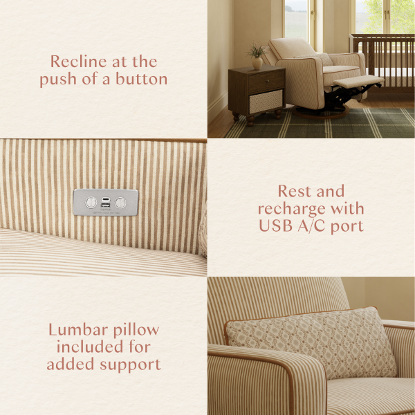 Babyletto recliner features power recline, USB charging port, and lumbar pillow