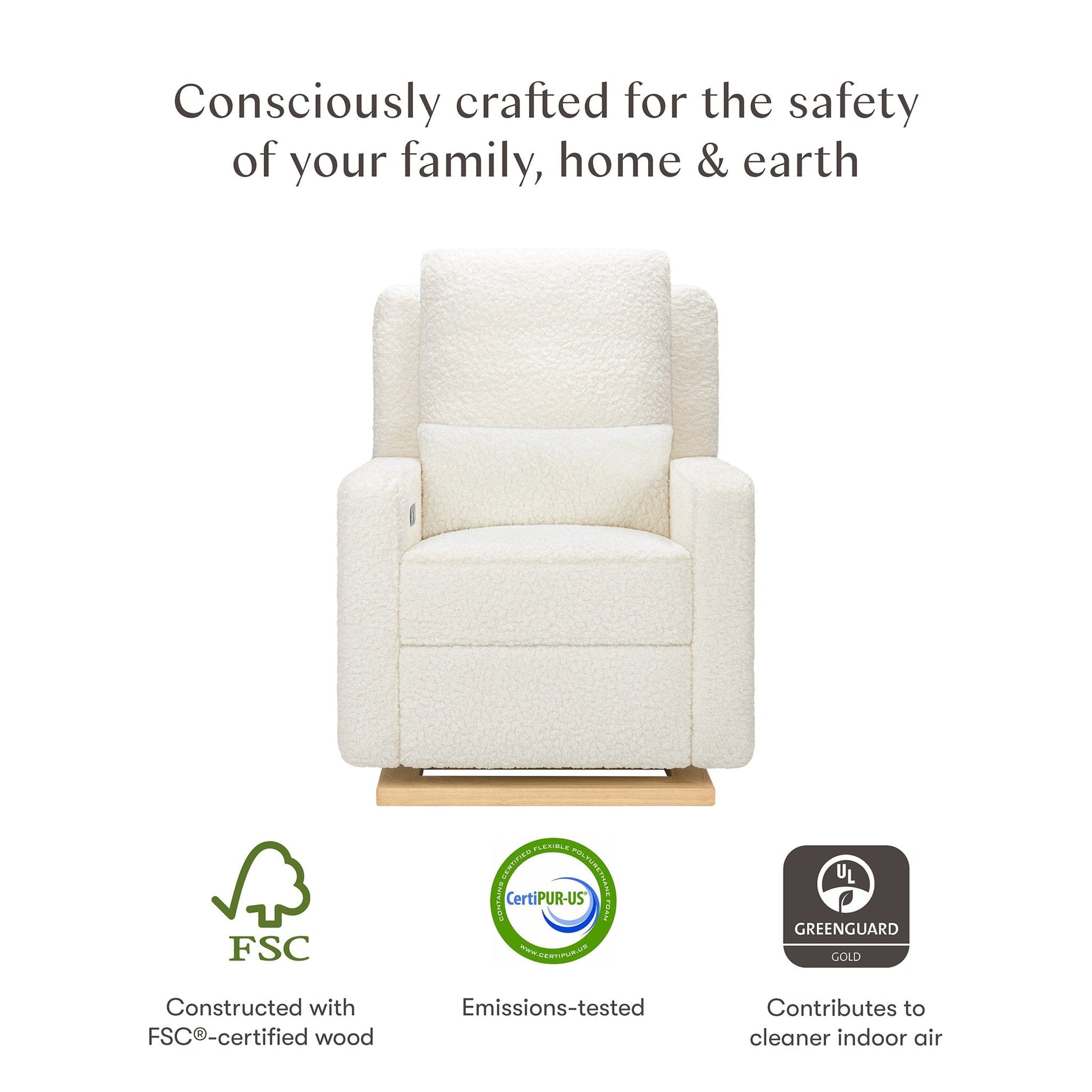 Babyletto Sigi Electronic Recliner and Glider w/ USB - Cream Shearling / Light Wood Base - M23085CMSGLB