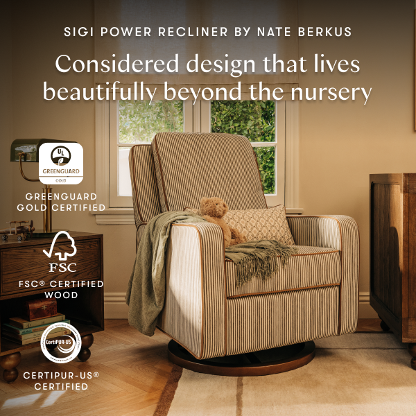 Babyletto Sigi power recliner with Greenguard Gold FSC and CertiPUR-US certification logos
