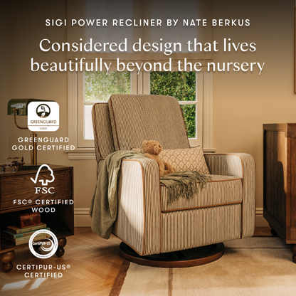 Babyletto Sigi power recliner with Greenguard Gold FSC and CertiPUR-US certification logos