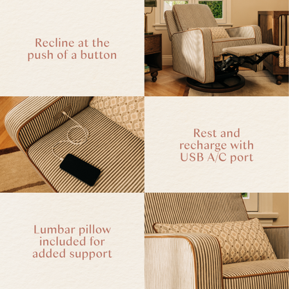 Babyletto recliner features including power recline USB charging and lumbar pillow support