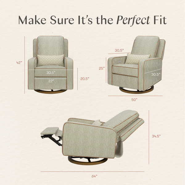Babyletto swivel glider recliner dimensions diagram showing front side and reclined views with measurements