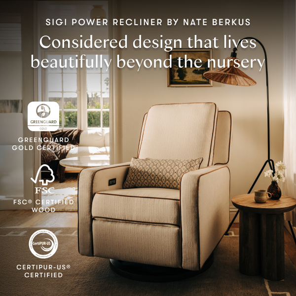 Babyletto Sigi power recliner by Nate Berkus with Greenguard Gold, FSC, and CertiPUR-US certification logos