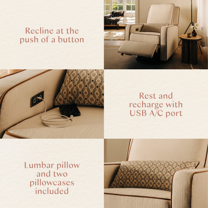Babyletto recliner showing power recline, USB charging port, and included lumbar pillow with patterned covers