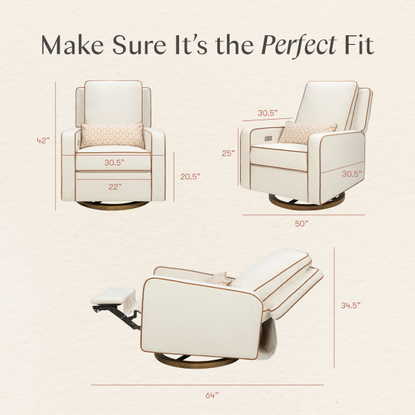Babyletto recliner dimensions diagram showing front side and reclined views with measurements